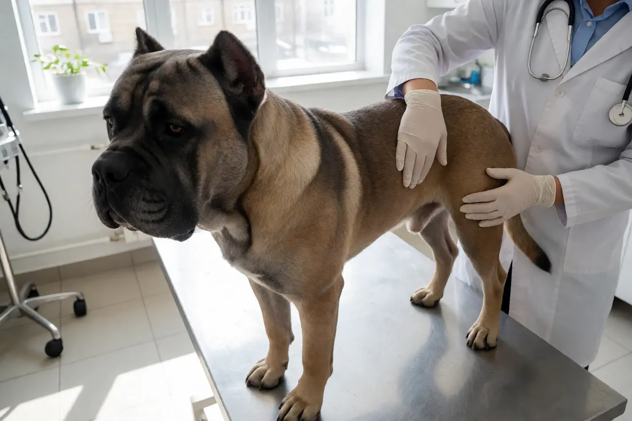 Veterin&aacute;rio examinando as articula&ccedil;&otilde;es de um Cane Corso