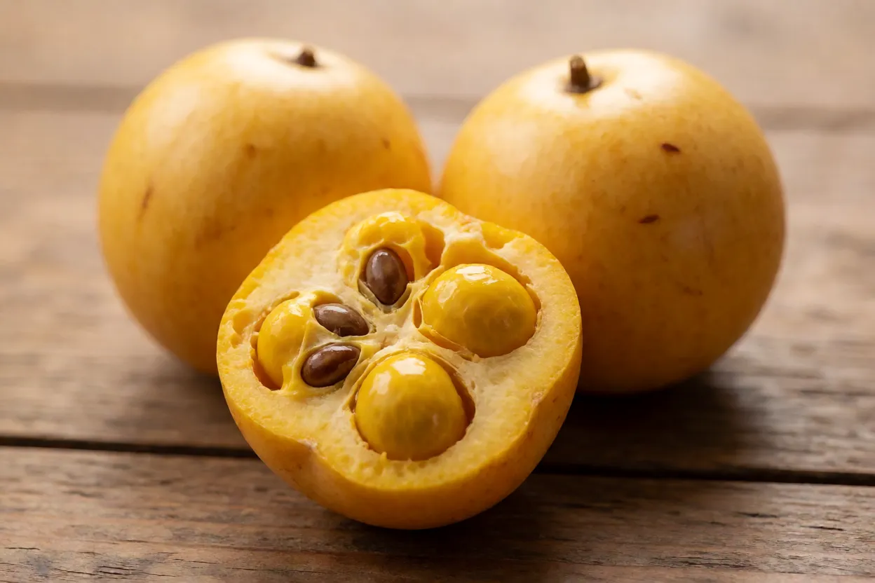 Frutos de canistel inteiros e cortado mostrando polpa amarelo-gema