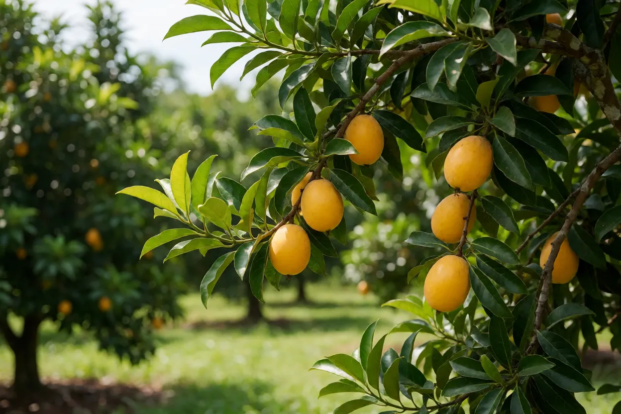 Canisteleiro com frutos maduros amarelo-alaranjados na árvore