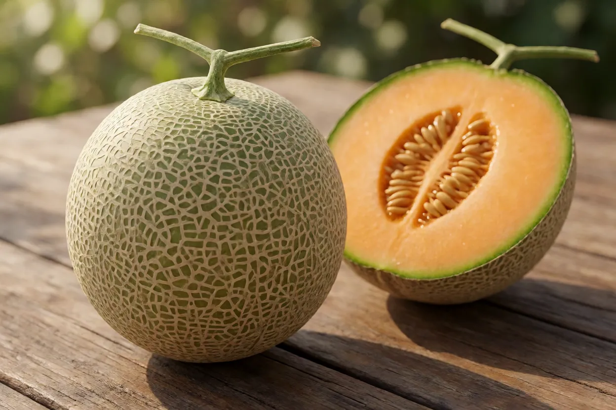 Cantalupo inteiro e cortado ao meio mostrando polpa laranja intensa e sementes