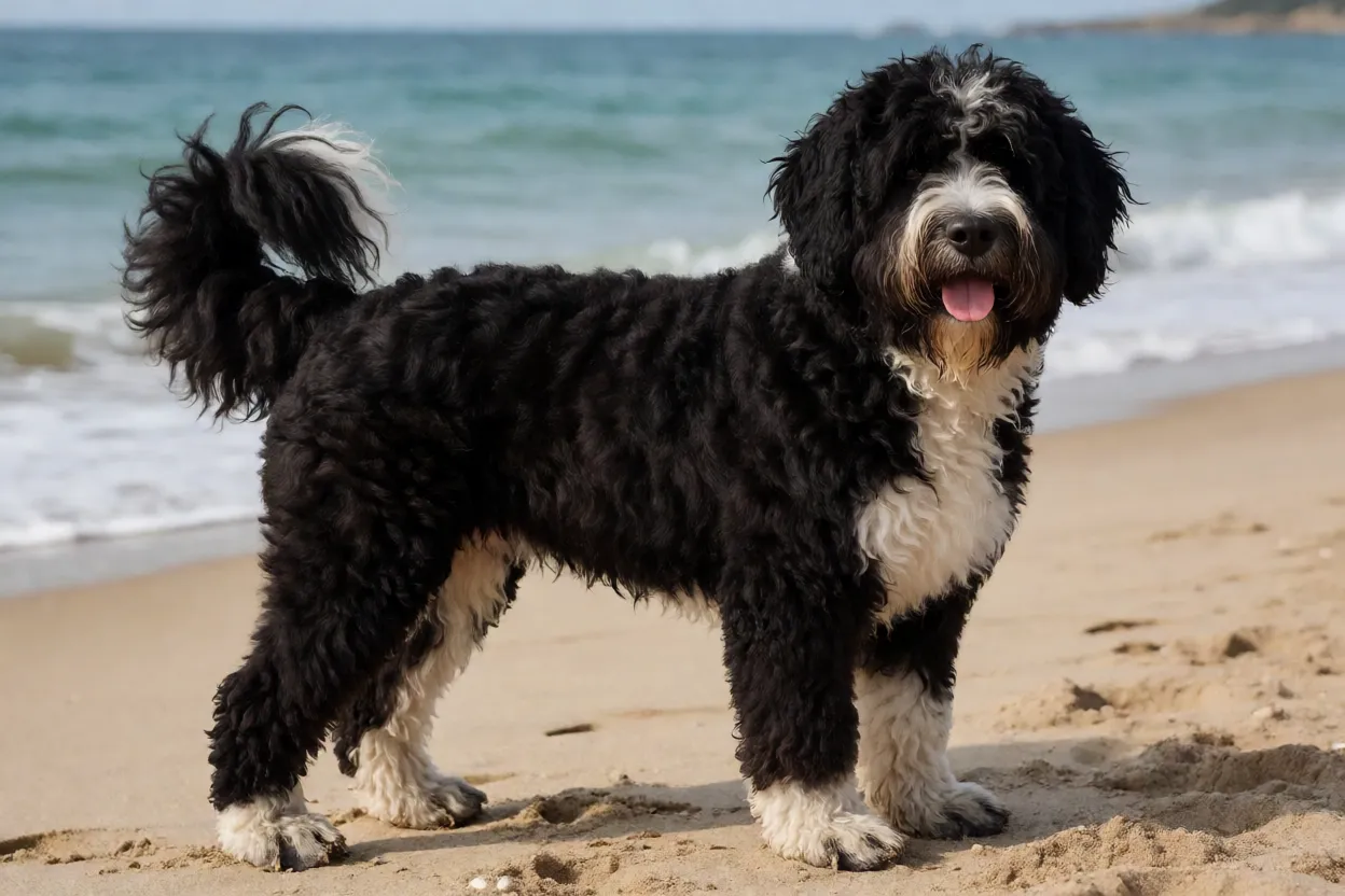 C&atilde;o de &Aacute;gua Portugu&ecirc;s preto com pelagem ondulada em p&eacute; na areia da praia