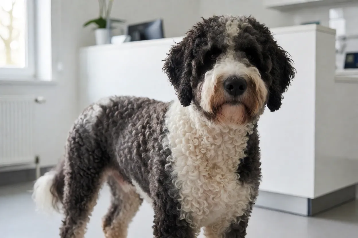 C&atilde;o de &Aacute;gua Portugu&ecirc;s em consulta veterin&aacute;ria de rotina