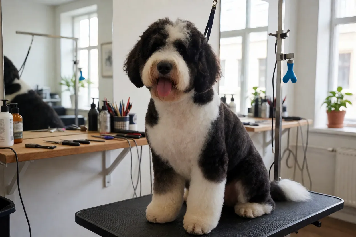 C&atilde;o de &Aacute;gua Portugu&ecirc;s sendo cuidado por toreador profissional