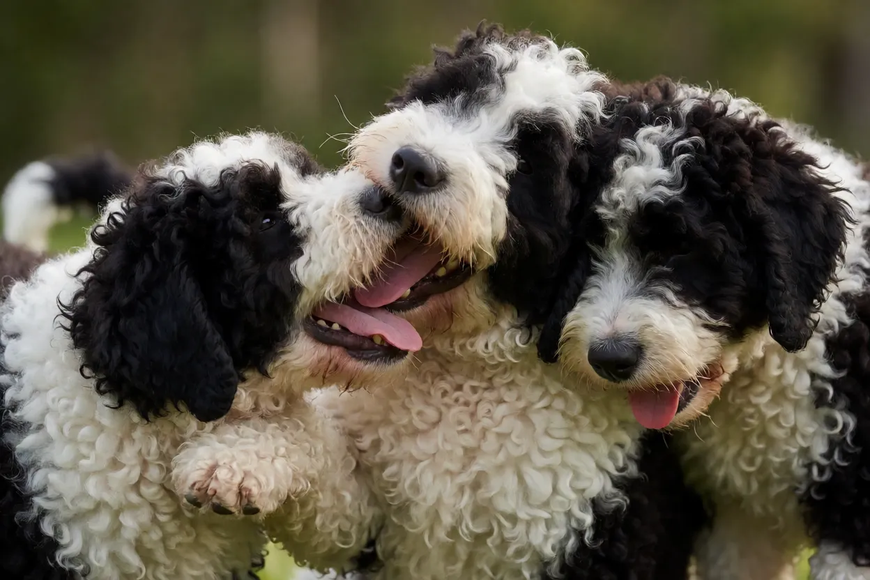 Filhote de C&atilde;o de &Aacute;gua Portugu&ecirc;s brincando com irm&atilde;os
