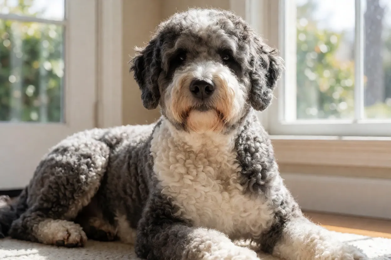 C&atilde;o de &Aacute;gua Portugu&ecirc;s s&ecirc;nior descansando ao sol