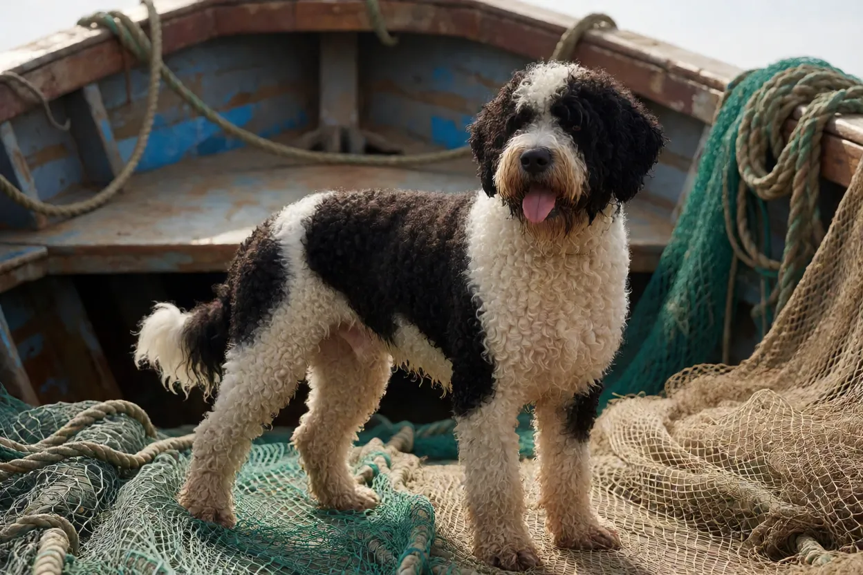 C&atilde;o de &Aacute;gua Portugu&ecirc;s hist&oacute;rico ajudando pescadores em barco
