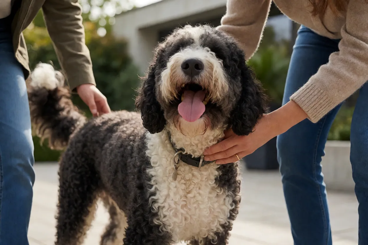 C&atilde;o de &Aacute;gua Portugu&ecirc;s brincando com fam&iacute;lia no quintal