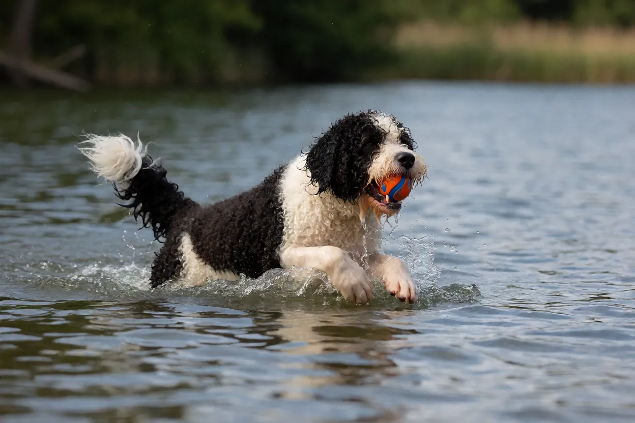 C&atilde;o de &Aacute;gua Portugu&ecirc;s nadando em lago com bola