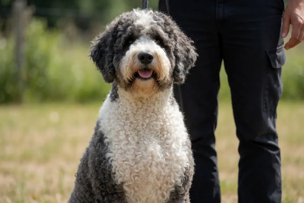 C&atilde;o de &Aacute;gua Portugu&ecirc;s em sess&atilde;o de treinamento de obedi&ecirc;ncia