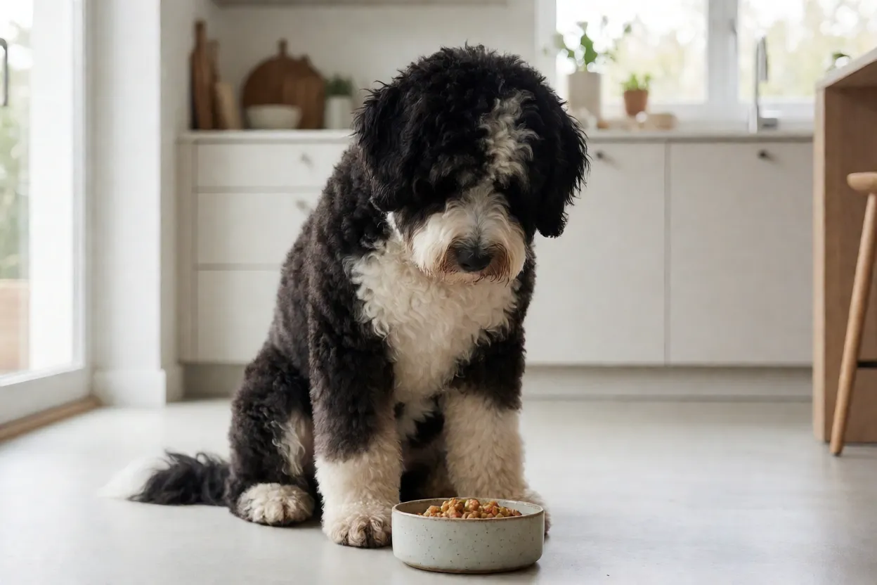 C&atilde;o de &Aacute;gua Portugu&ecirc;s comendo ra&ccedil;&atilde;o em tigela