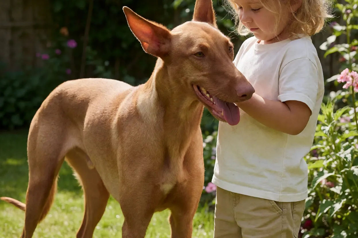 Cão de Caça do Faraó: aparência, personalidade e cuidados com a raça Cão de Caça do Faraó brincando suavemente com criança em jardim