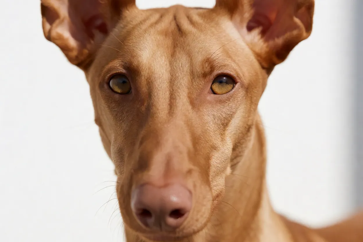Cão de Caça do Faraó: aparência, personalidade e cuidados com a raça Detalhe da cabeça do Cão de Caça do Faraó com olhos âmbar e nariz cor de carne