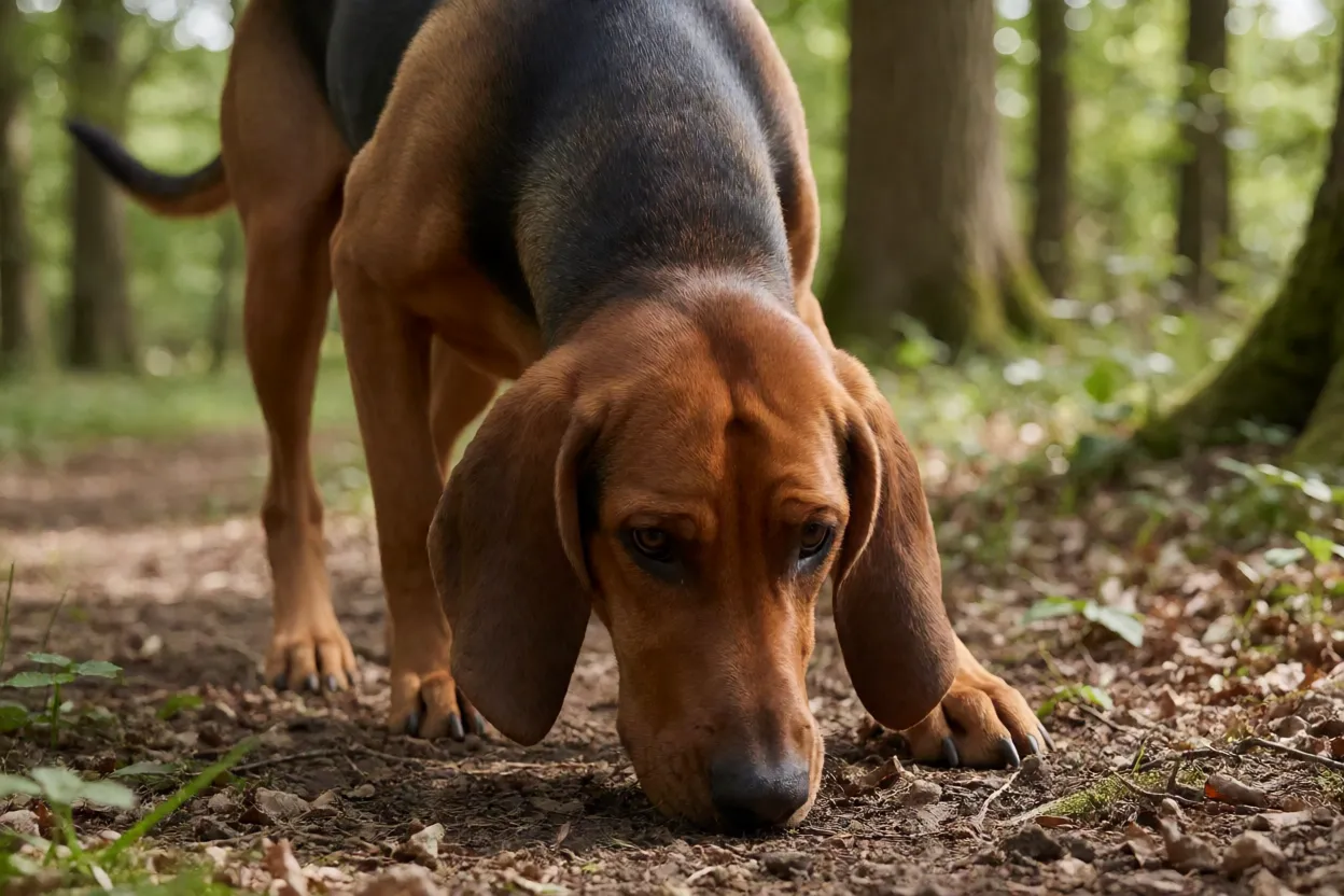 C&atilde;o de Ca&ccedil;a Italiano de Pelo Curto e Sedoso em trilha de faro no mato