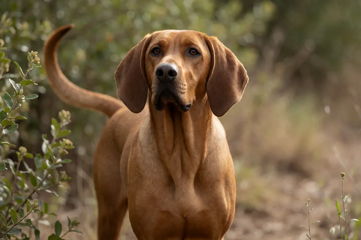 C&atilde;o de Ca&ccedil;a Italiano de Pelo Curto e Sedoso latindo em trilha