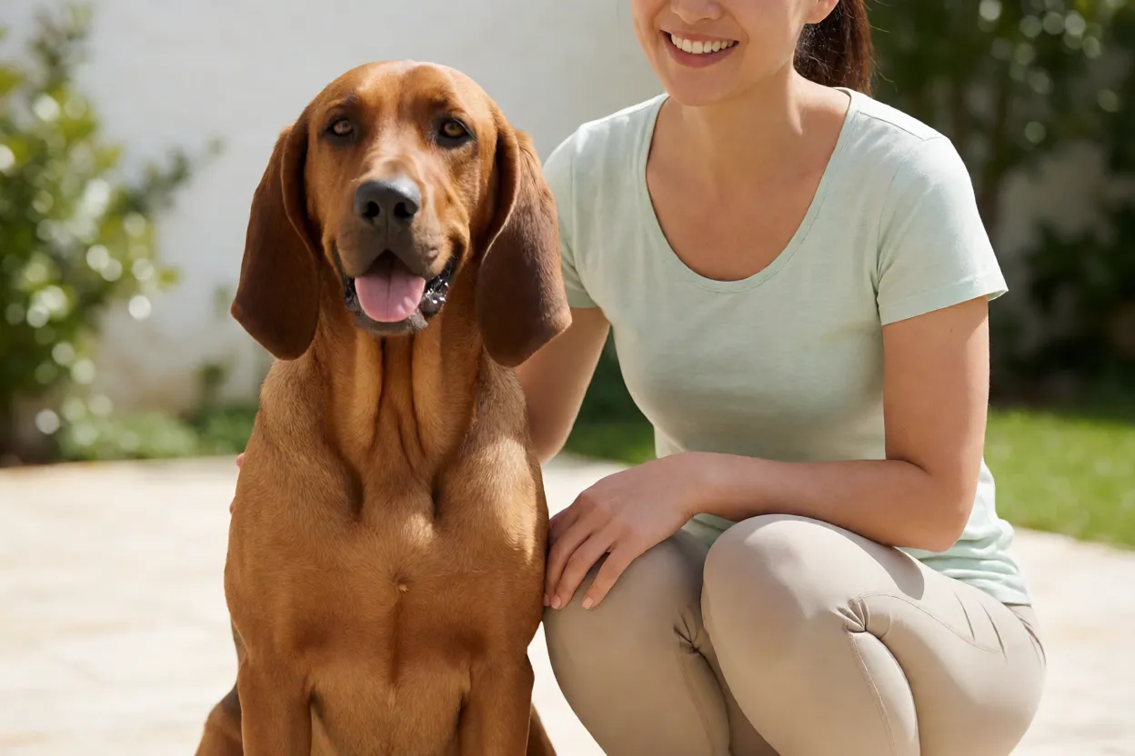 C&atilde;o de Ca&ccedil;a Italiano de Pelo Curto e Sedoso feliz ao lado do dono ap&oacute;s passeio