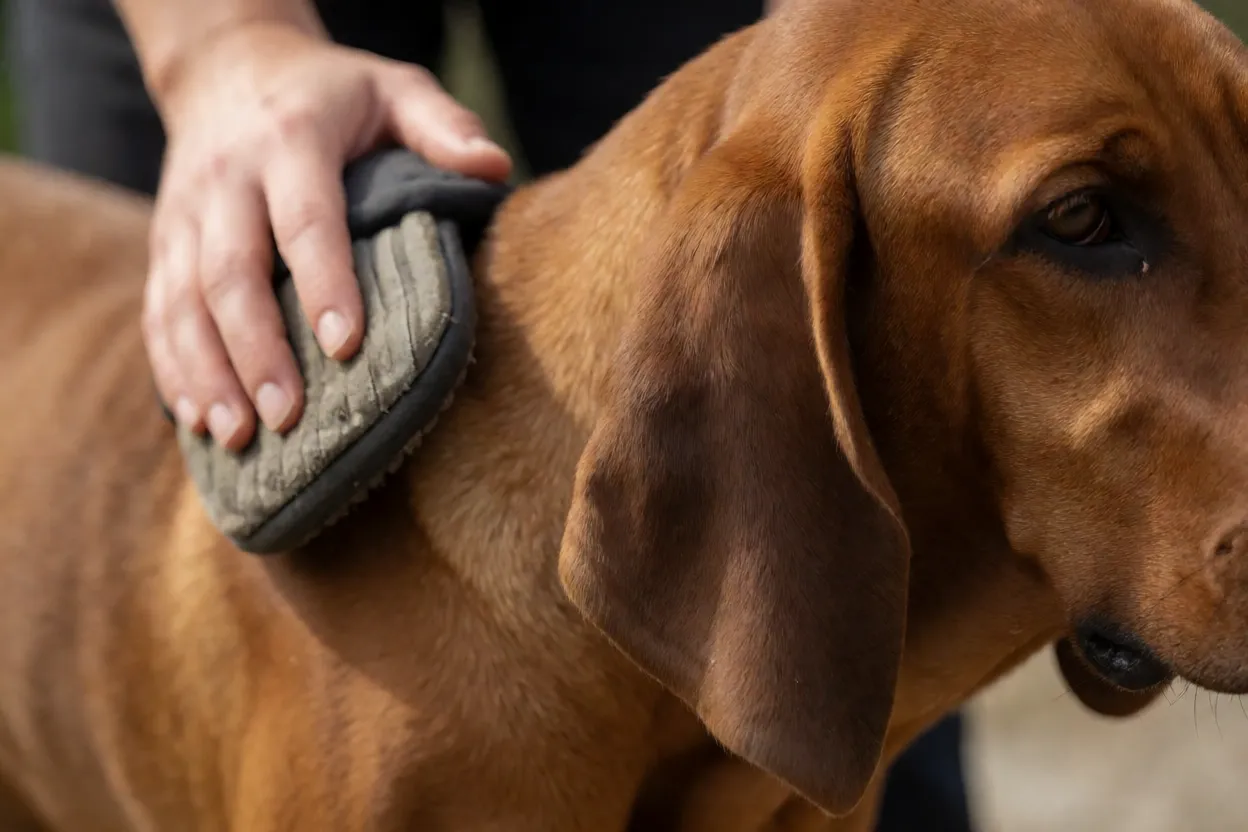 M&atilde;o escovando o pelo curto e brilhante do C&atilde;o de Ca&ccedil;a Italiano