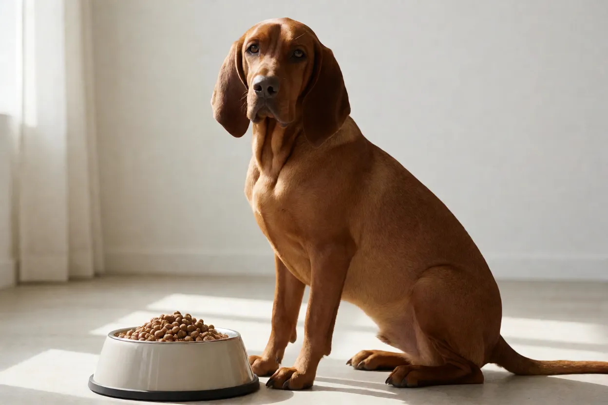 Tigela de ra&ccedil;&atilde;o de qualidade ao lado de um C&atilde;o de Ca&ccedil;a Italiano