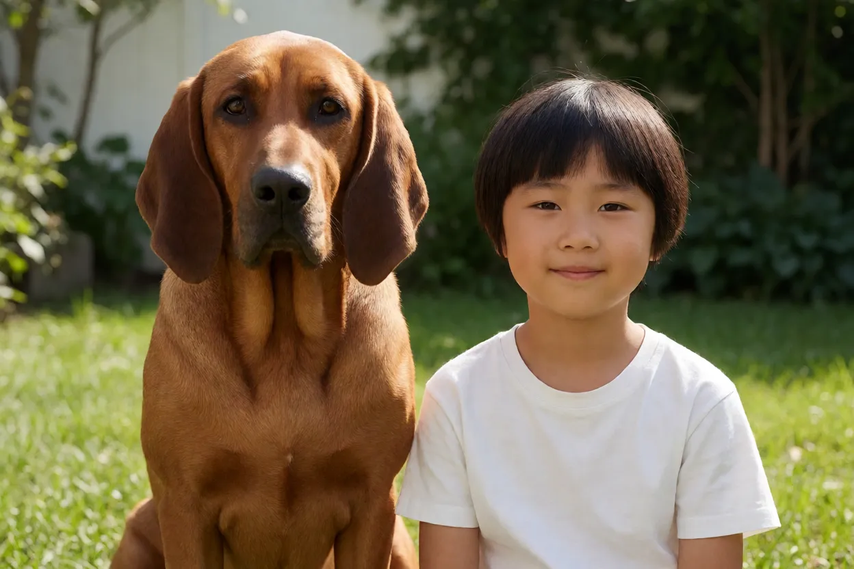 C&atilde;o de Ca&ccedil;a Italiano de Pelo Curto e Sedoso ao lado de crian&ccedil;a em ambiente familiar