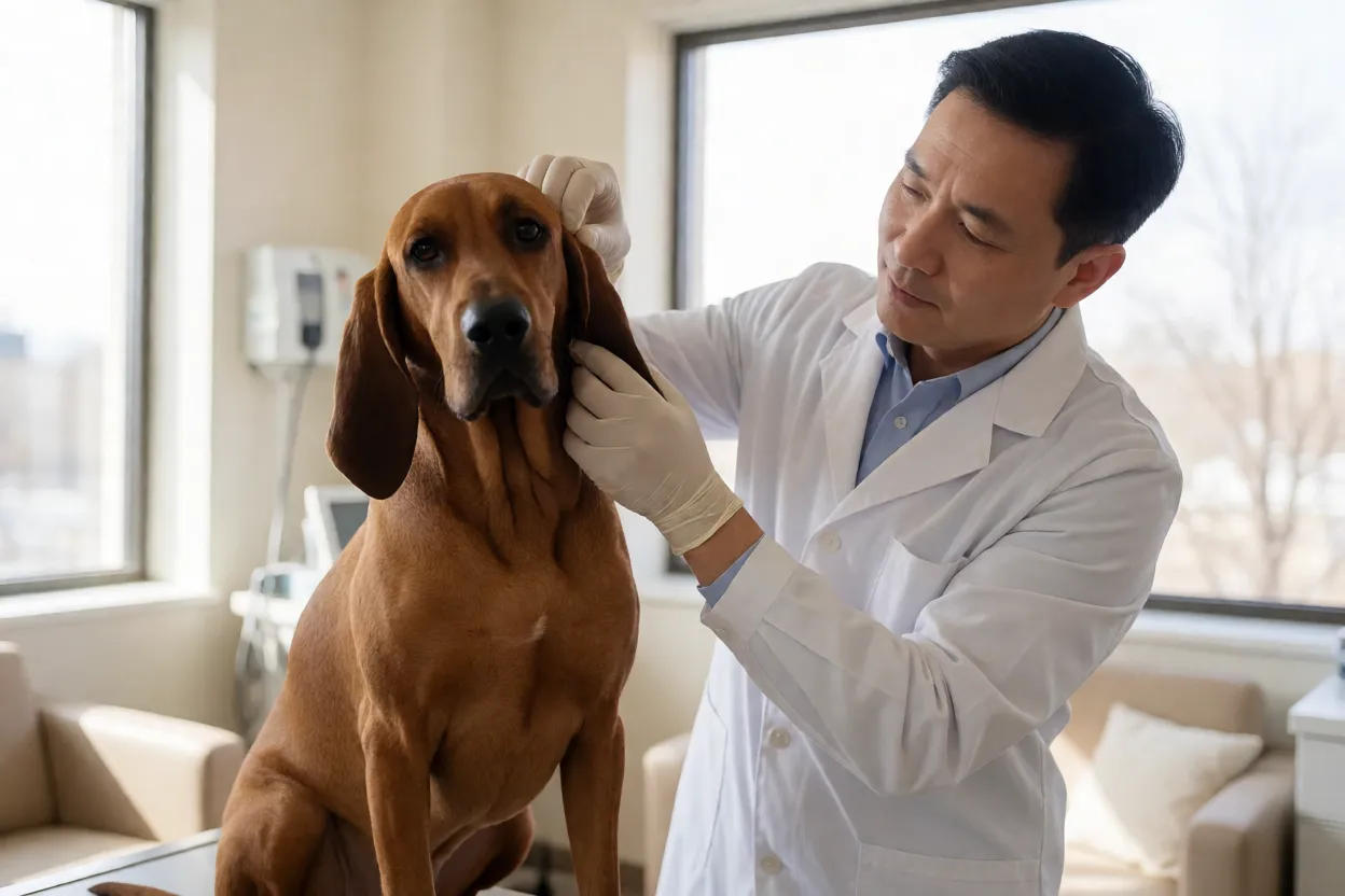Veterin&aacute;rio examinando as orelhas de um C&atilde;o de Ca&ccedil;a Italiano
