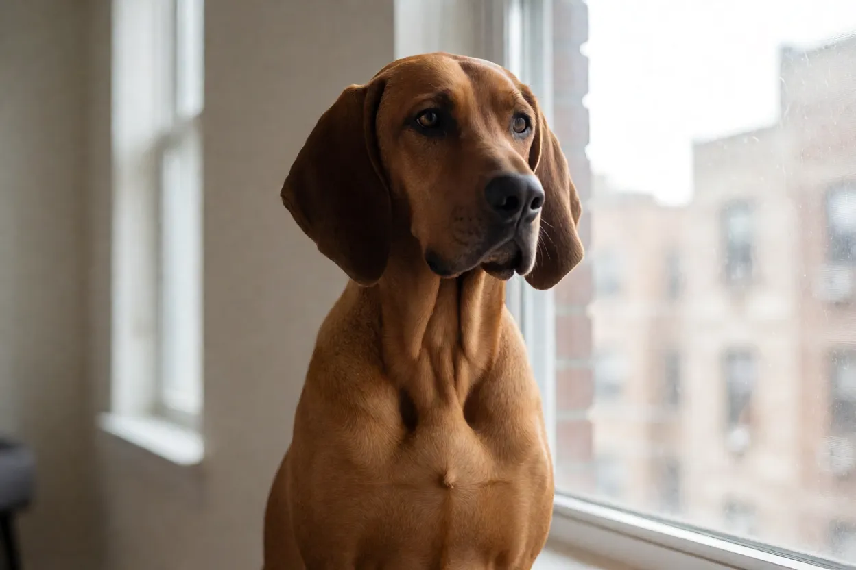 C&atilde;o de Ca&ccedil;a Italiano de Pelo Curto e Sedoso em apartamento moderno olhando pela janela