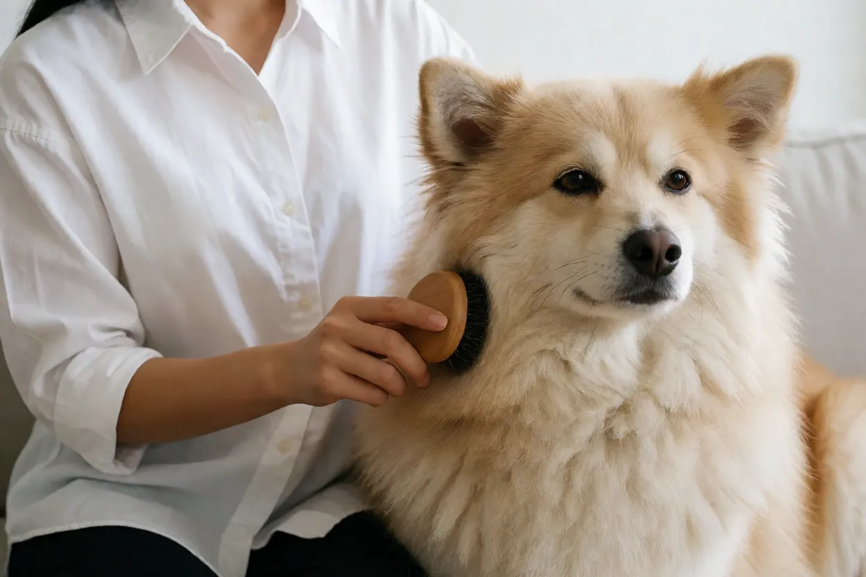 Cão de Canaã: origem, comportamento, características e como cuidar da raça Tutor escovando a pelagem de um Cão de Canaã