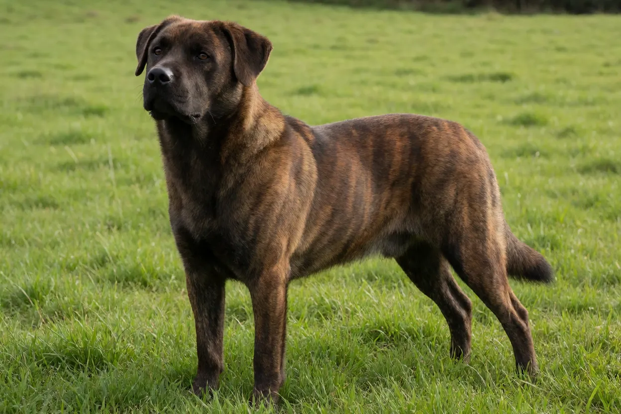 Cão de Fila de São Miguel adulto de pelagem tigrada em pé visto de corpo inteiro