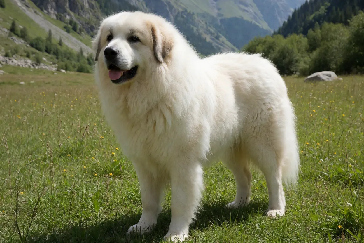 Cão de Montanha dos Pirenéus adulto de pelagem branca em pé em campo montanhoso