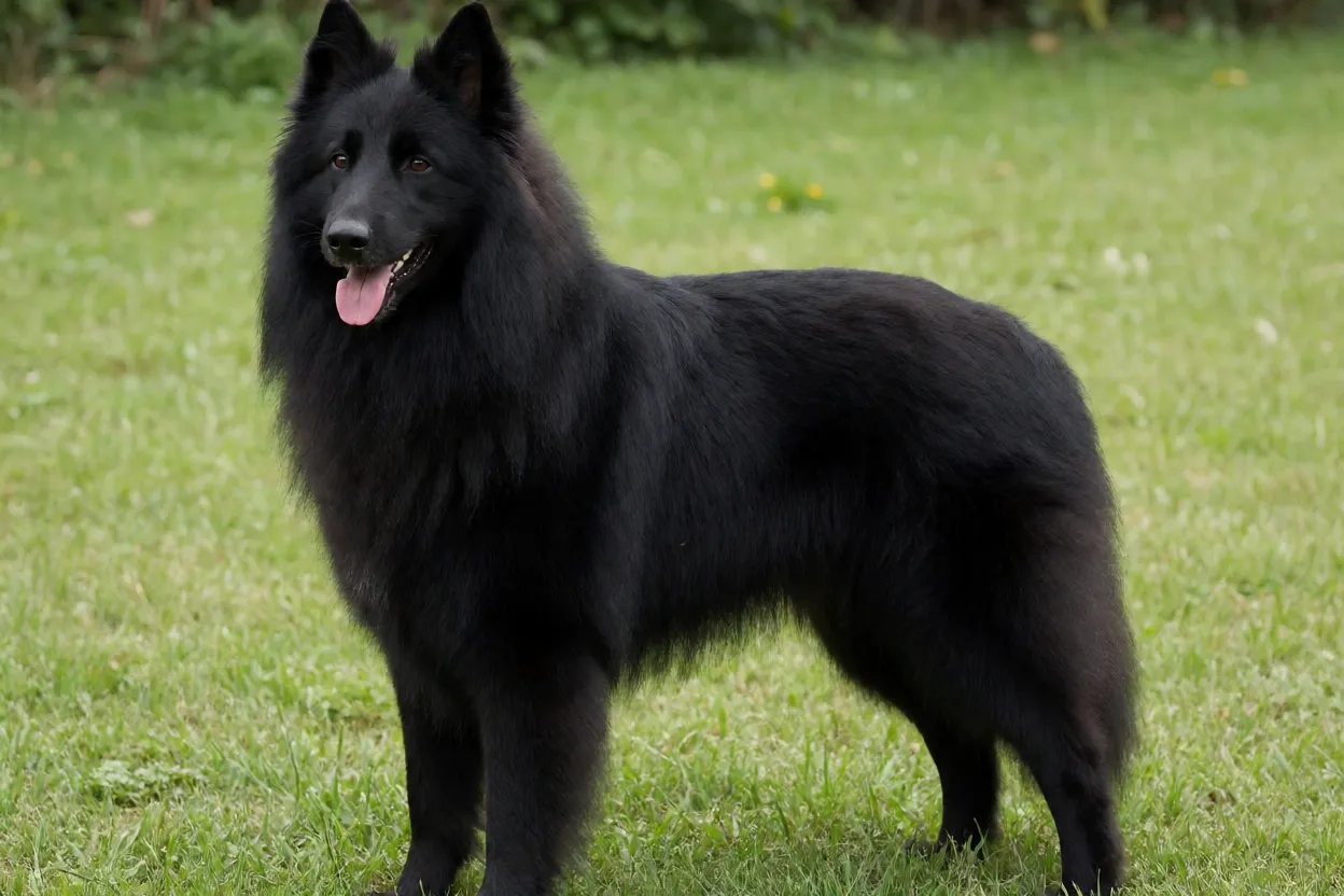 Cão Pastor Belga Groenendael adulto de pelagem preta longa em pé na grama