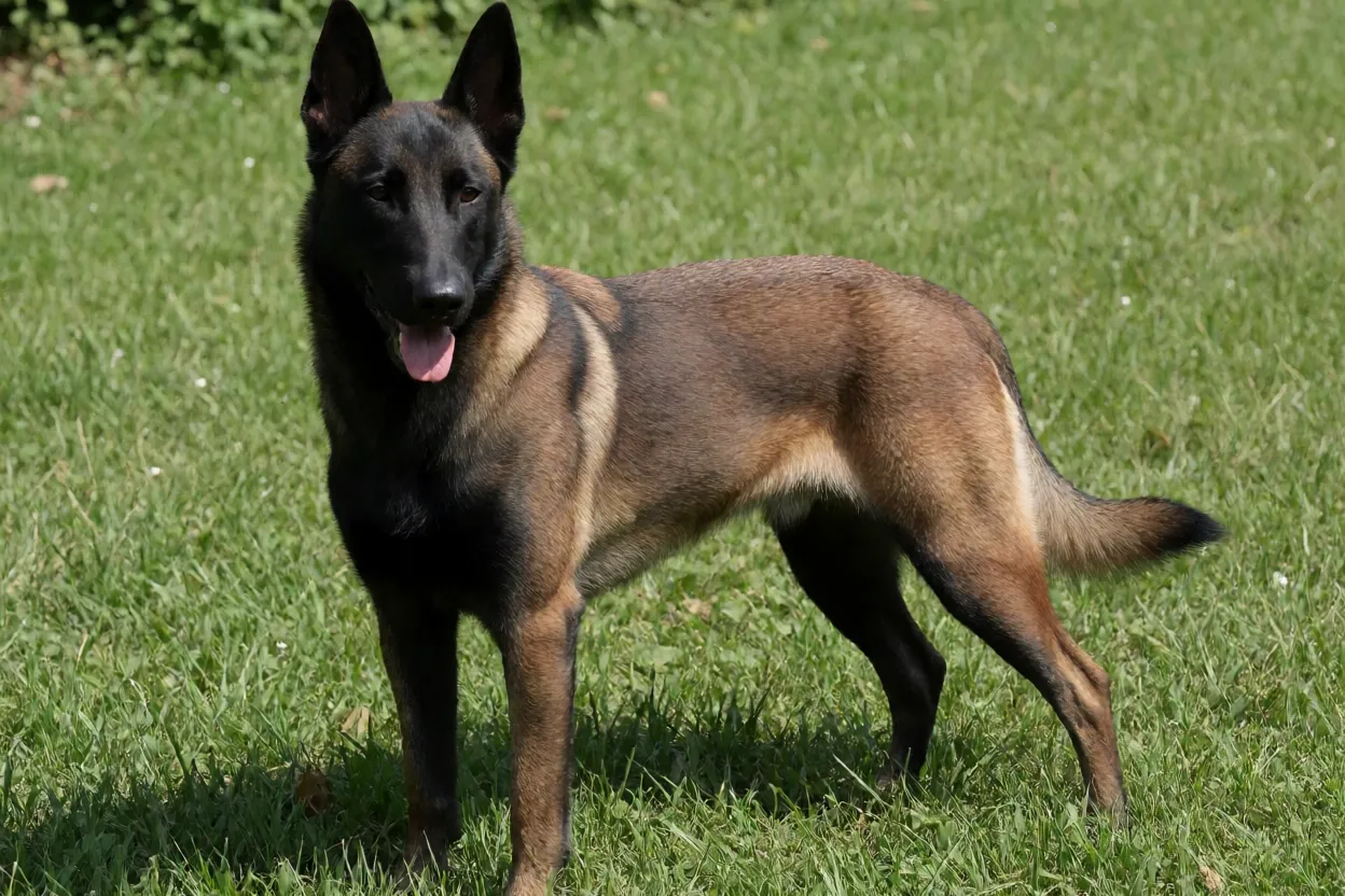 Cão de Pastor Belga Malinois adulto em pé na grama, mostrando corpo atlético e pelagem fulvo carbonada com máscara preta