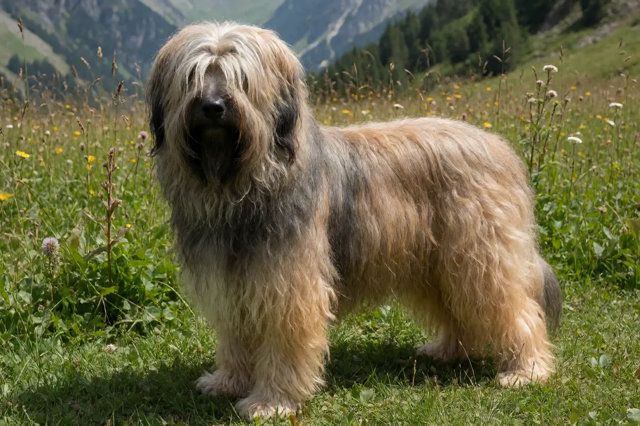 Cão de Pastor Catalão adulto de corpo inteiro em prado de montanha, pelagem longa mesclada