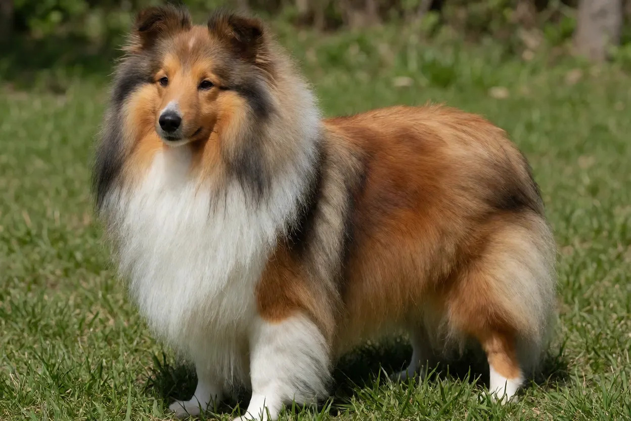 Cão Pastor de Shetland adulto de corpo inteiro em pé na grama com pelagem zibelina e branca