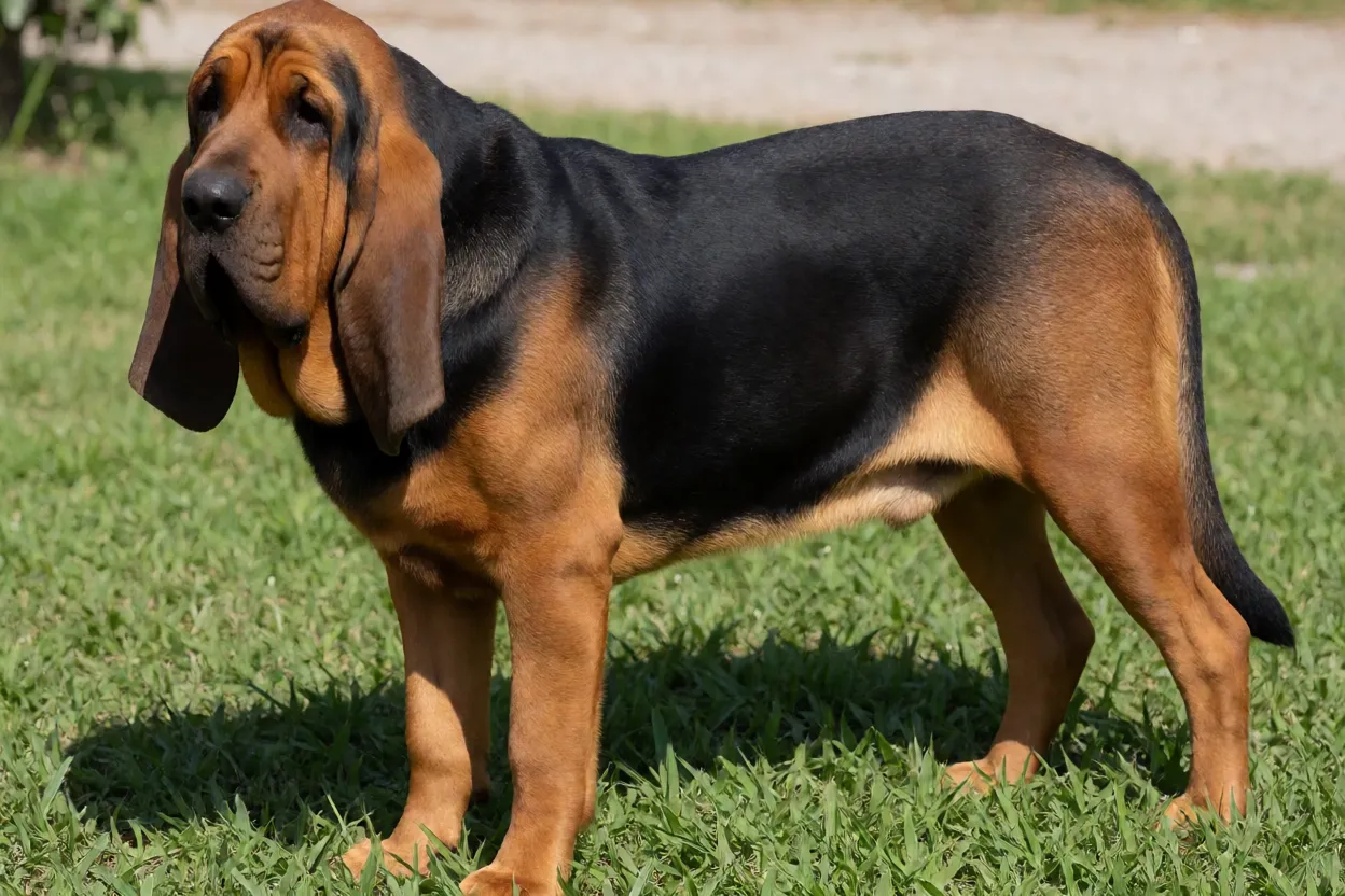 Cão de Santo Humberto Cão de Santo Humberto adulto de pelagem preto e castanho em pé na grama