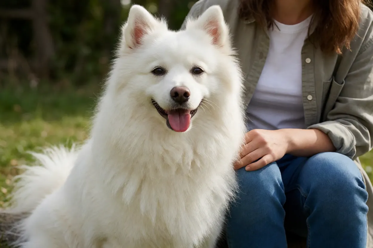Cão esquimó Americano: tamanhos, personalidade e cuidados Cão esquimó americano adulto feliz com dono