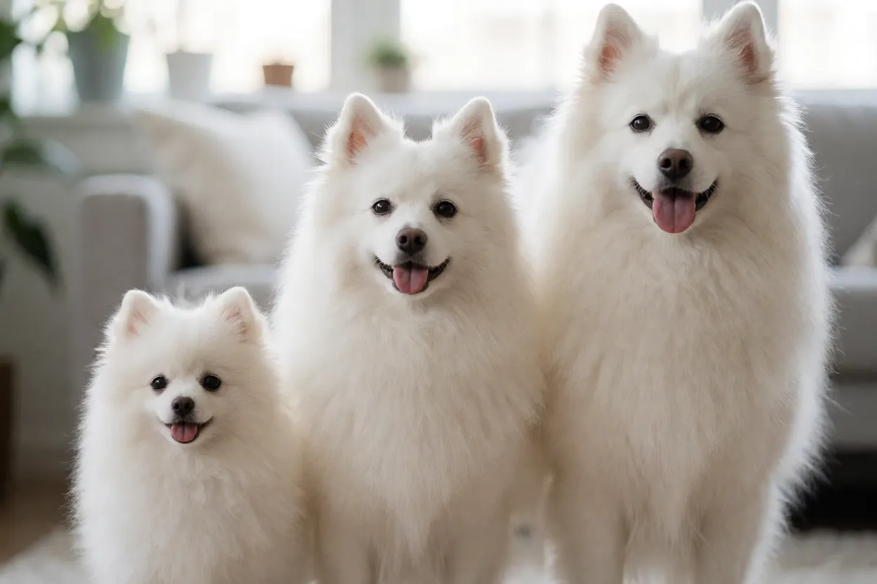 Cão esquimó Americano: tamanhos, personalidade e cuidados Comparativo dos três portes do cão esquimó americano lado a lado