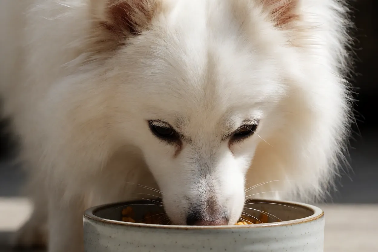 Cão esquimó Americano: tamanhos, personalidade e cuidados Cão esquimó americano comendo ração em tigela