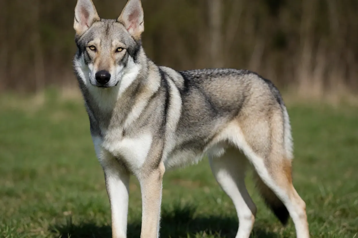 Cão Lobo de Saarloos adulto em pé ao ar livre mostrando pelagem cinza-lobo e porte atlético