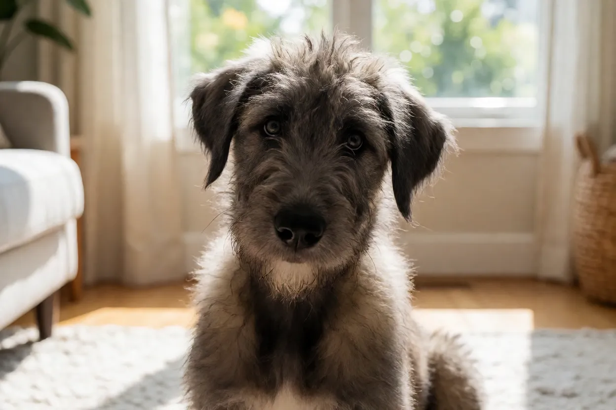 Filhote de C&atilde;o-lobo irland&ecirc;s olhando para a c&acirc;mera em ambiente caseiro