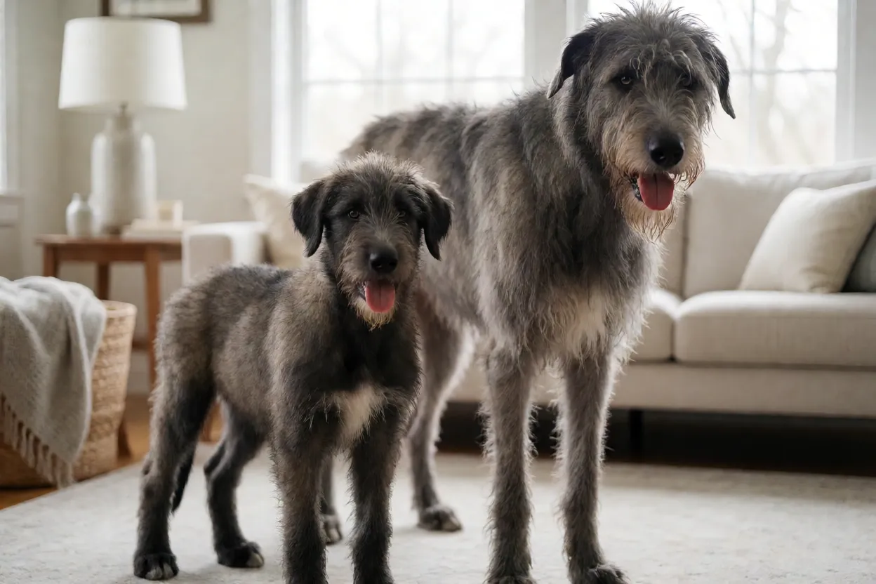 Filhote de C&atilde;o-lobo irland&ecirc;s em crescimento ao lado de um adulto da mesma ra&ccedil;a