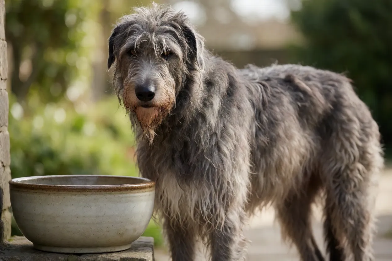 Tigela de ra&ccedil;&atilde;o ao lado de um C&atilde;o-lobo irland&ecirc;s adulto