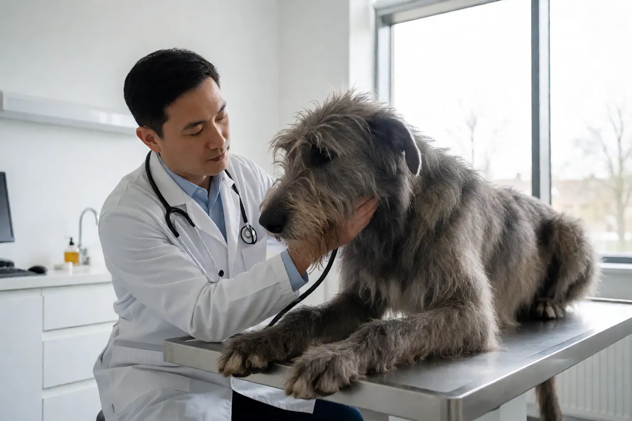 Veterin&aacute;rio examinando um C&atilde;o-lobo irland&ecirc;s adulto