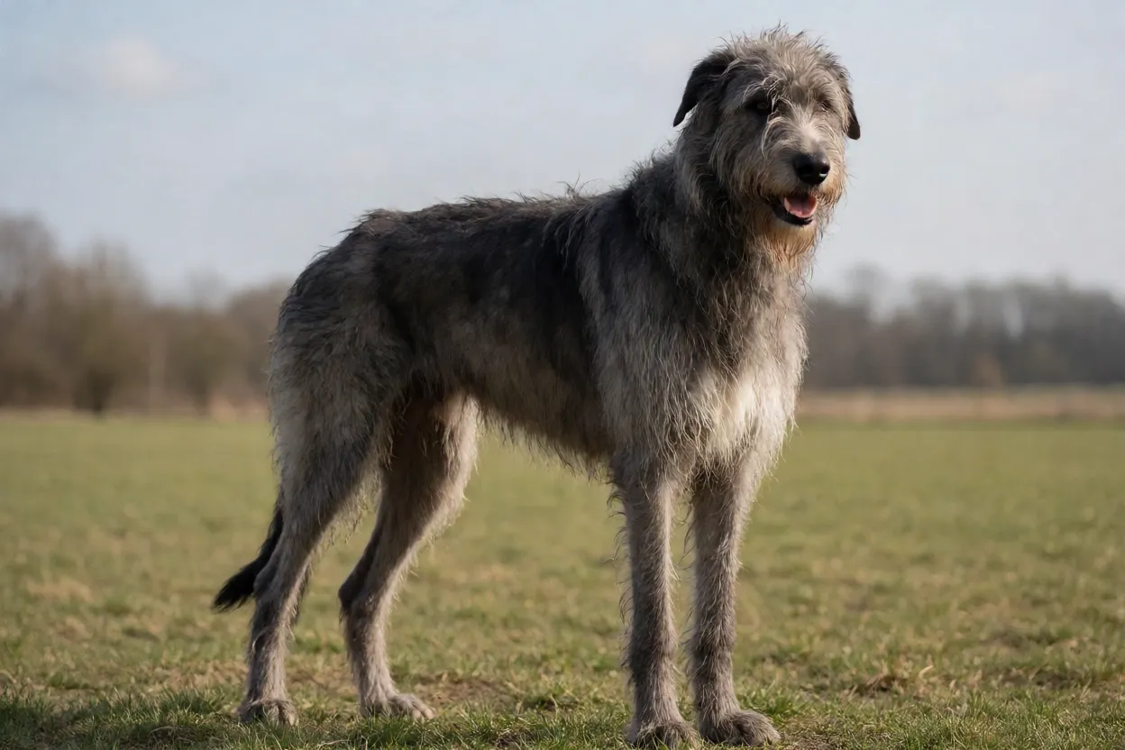 C&atilde;o-lobo irland&ecirc;s adulto de pelo cinza em campo aberto