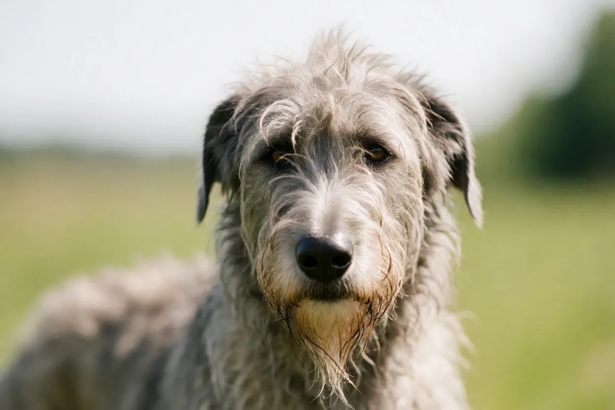 C&atilde;o-lobo irland&ecirc;s adulto olhando para a c&acirc;mera com express&atilde;o serena