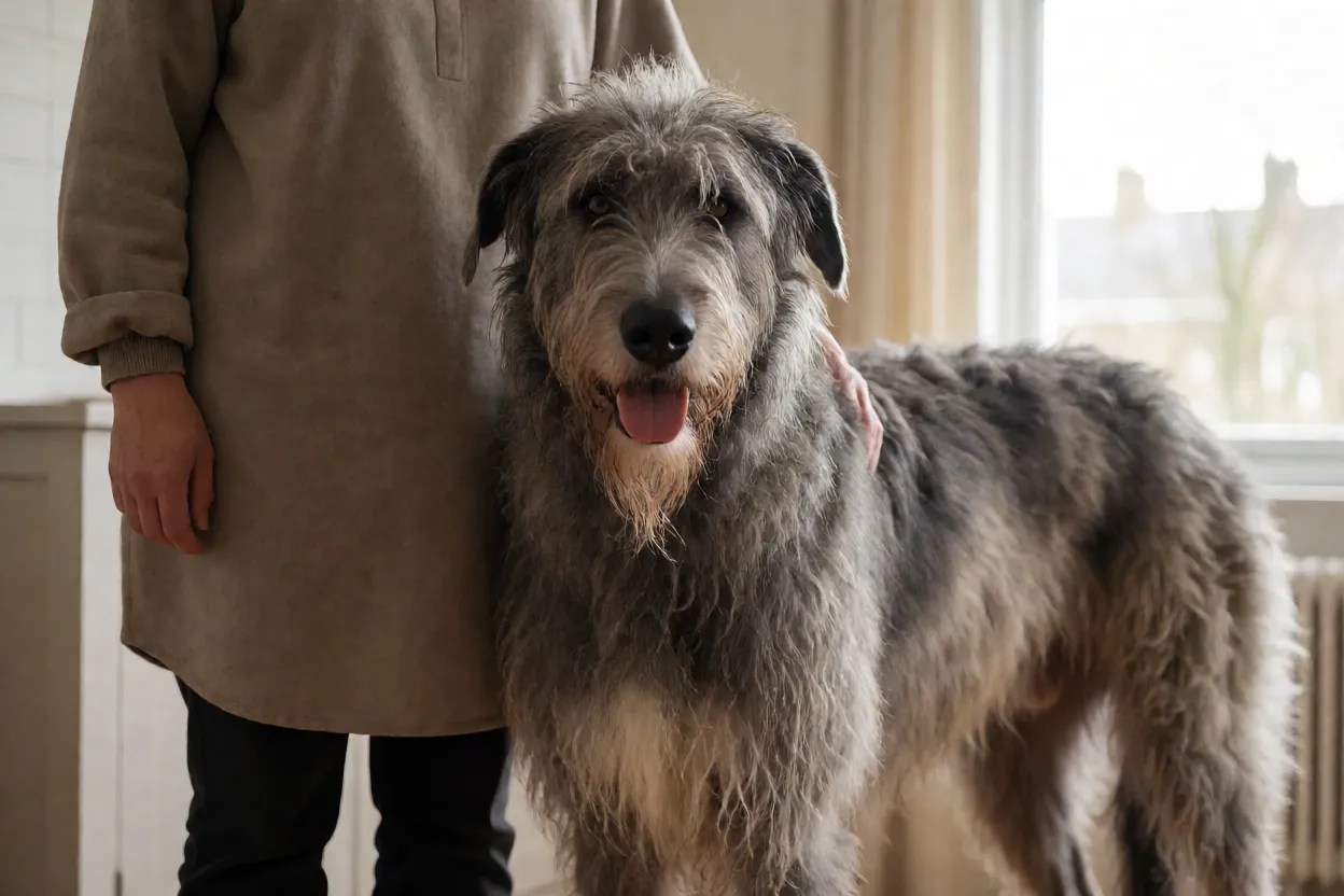 C&atilde;o-lobo irland&ecirc;s macho adulto ao lado de pessoa para mostrar escala