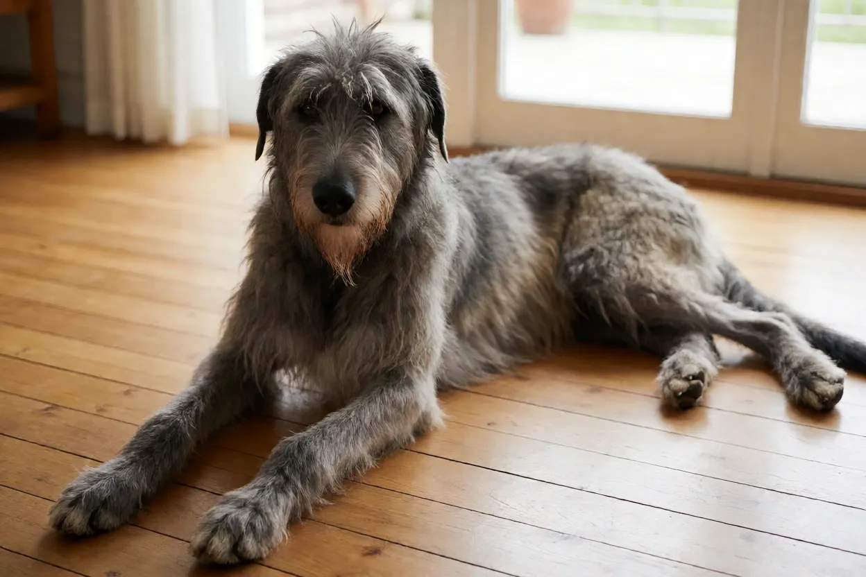 C&atilde;o-lobo irland&ecirc;s deitado calmamente em sala de estar