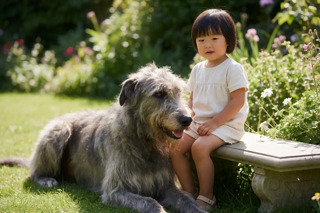 C&atilde;o-lobo irland&ecirc;s deitado ao lado de crian&ccedil;a em jardim