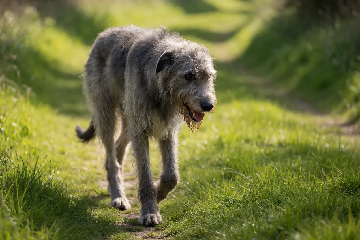 C&atilde;o-lobo irland&ecirc;s caminhando em trilha gramada