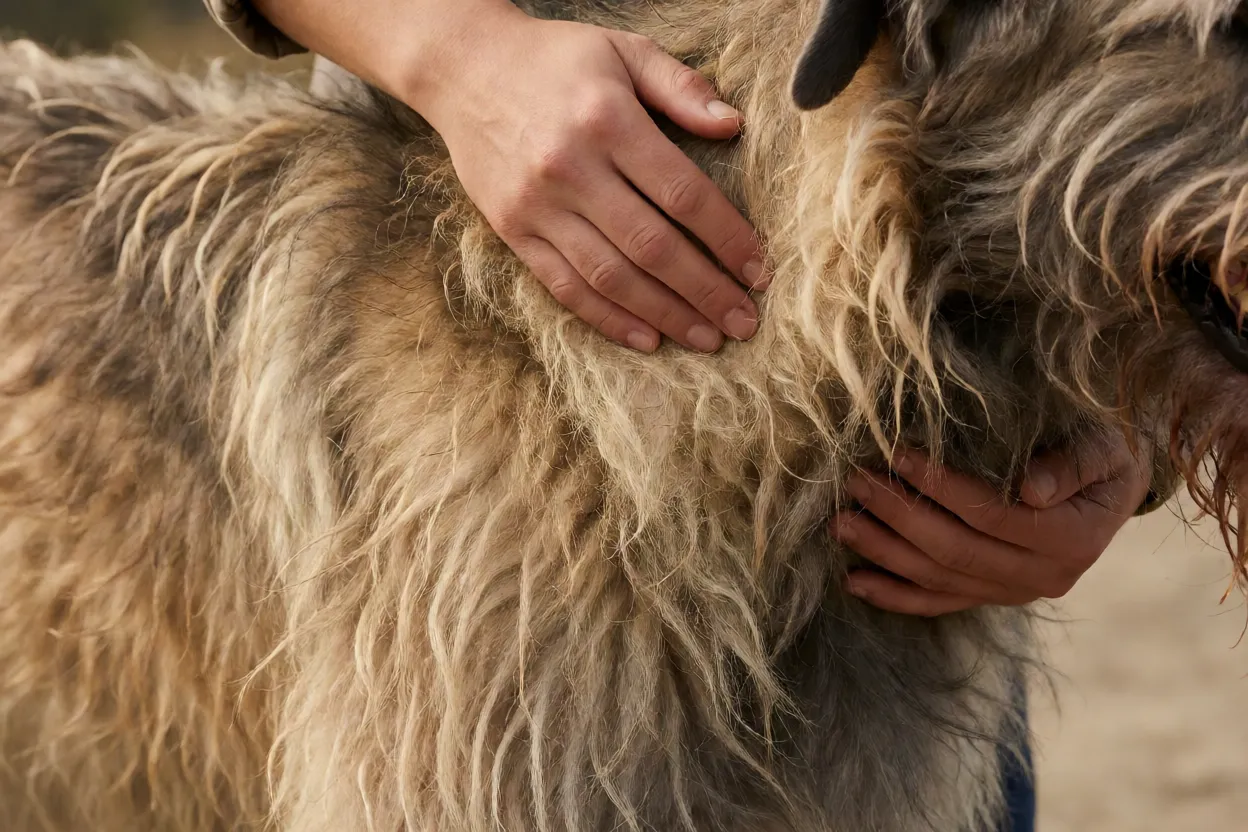 M&atilde;os escovando o pelo &aacute;spero de um C&atilde;o-lobo irland&ecirc;s