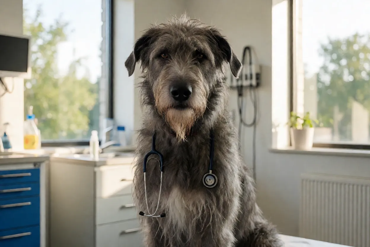 C&atilde;o-lobo irland&ecirc;s em consulta veterin&aacute;ria com estetosc&oacute;pio