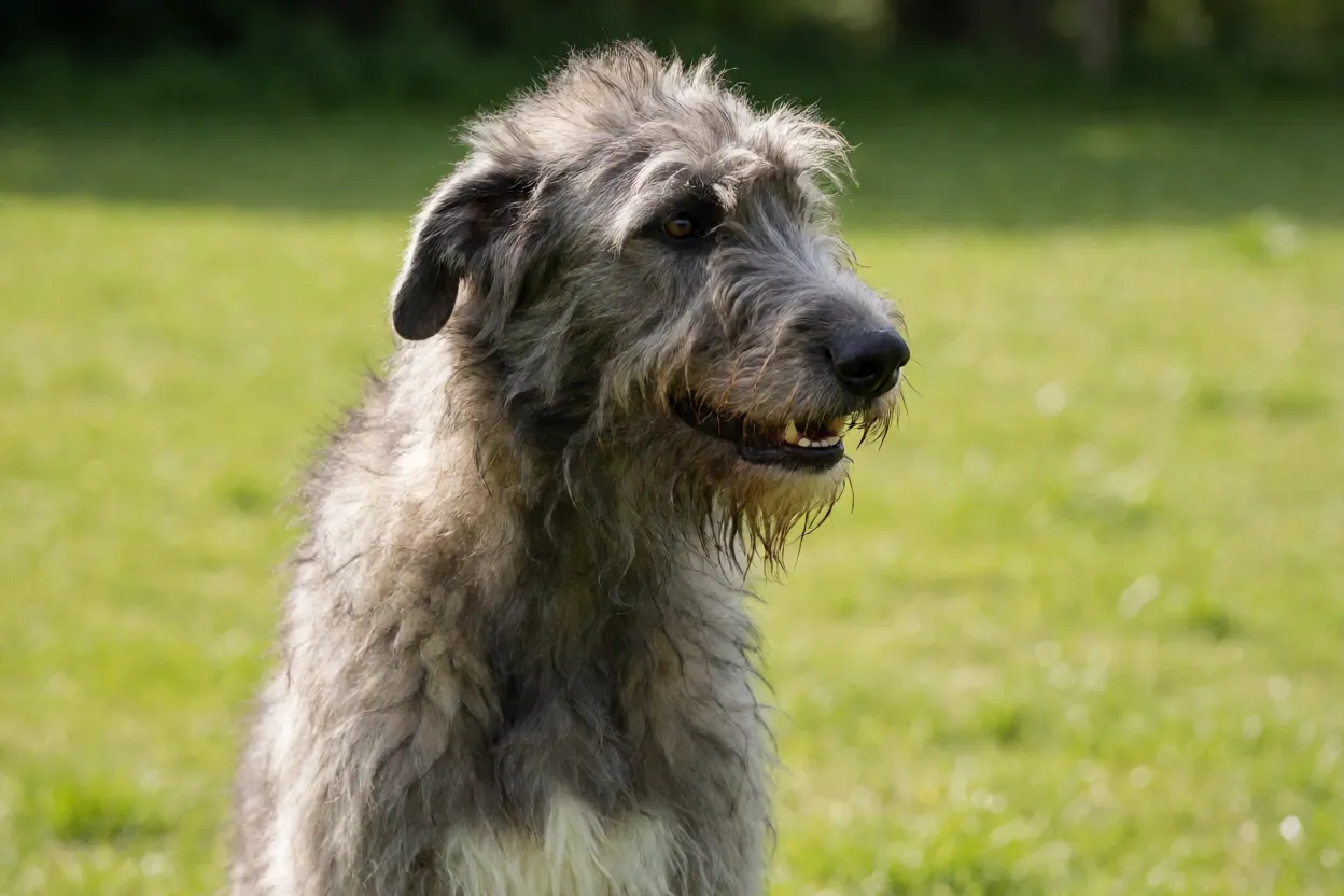 C&atilde;o-lobo irland&ecirc;s jovem em sess&atilde;o de treinamento com petisco