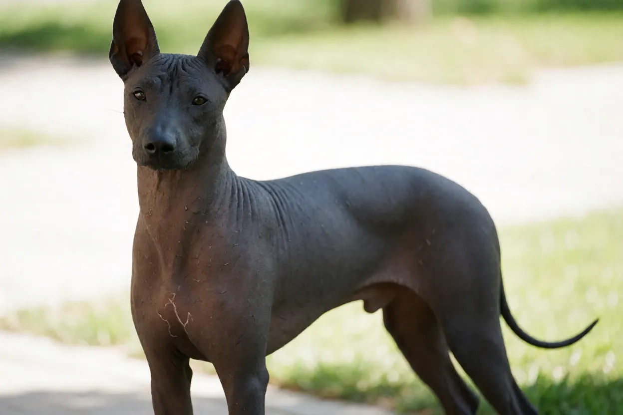 Cão Pelado Mexicano adulto standard em pé ao ar livre mostrando pele sem pelos e orelhas eretas